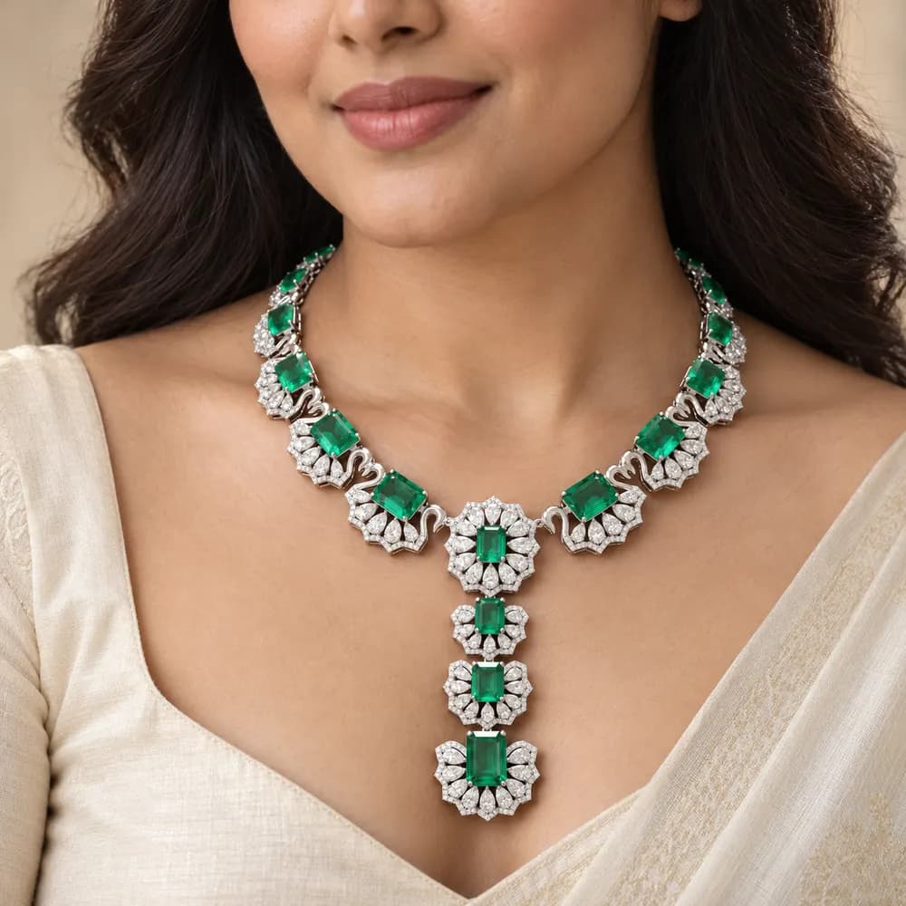 Emerald Floral Cascade Statement Moissanite Necklace — second view