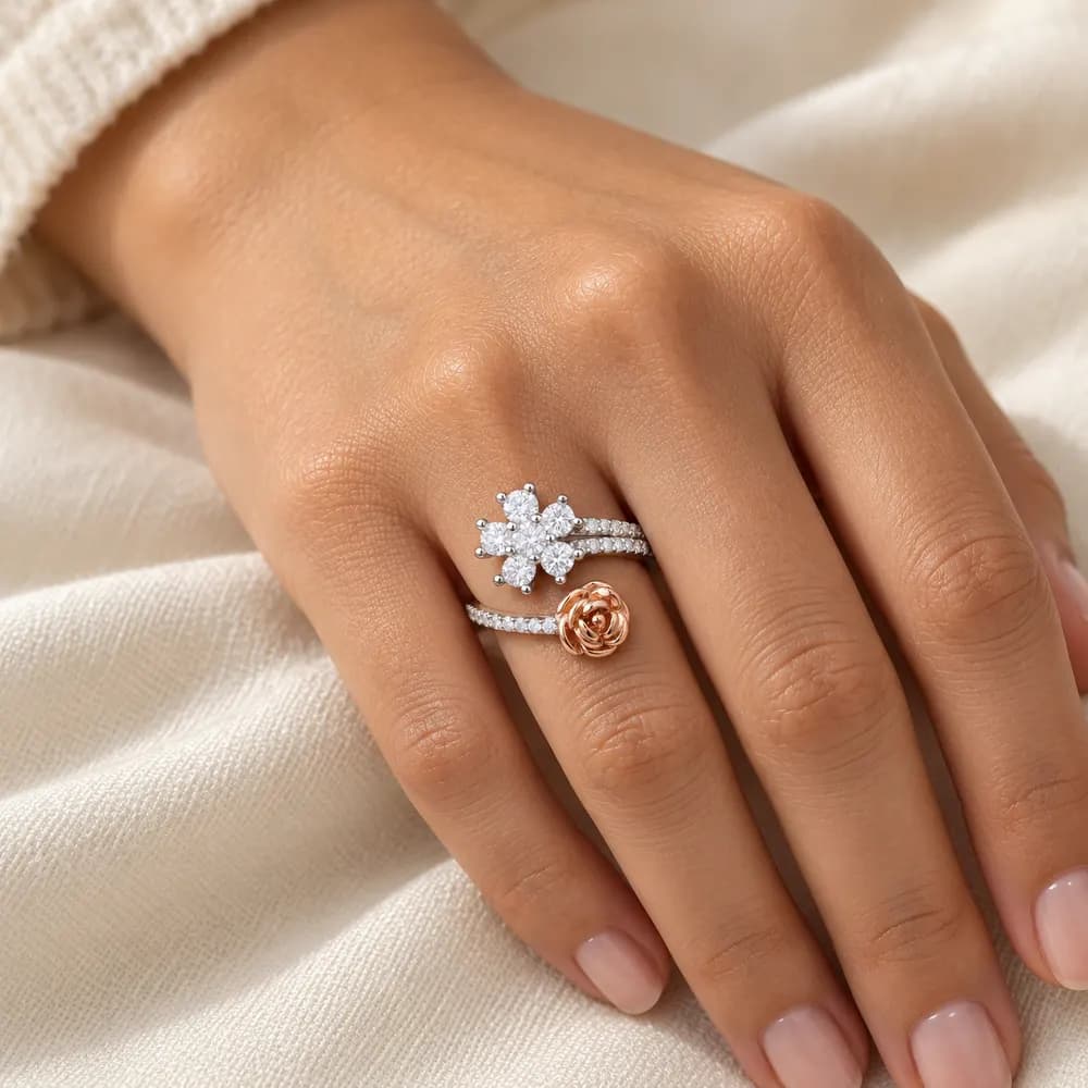 Flower and Rose Open Moissanite Ring — second view