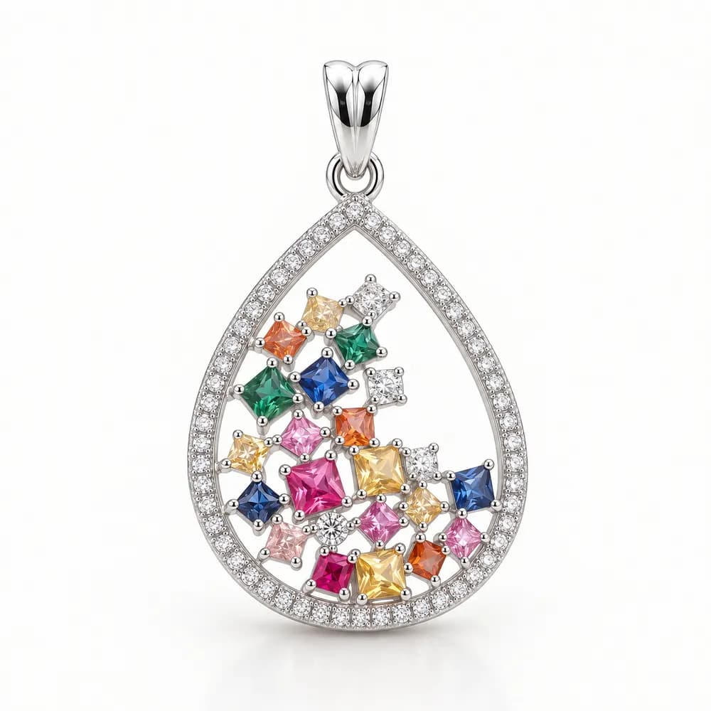Rainbow Teardrop Halo Moissanite Pendant